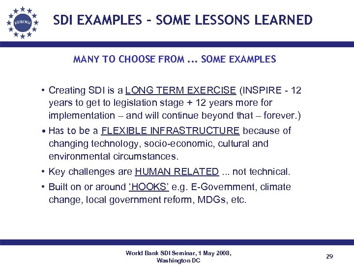 SDI EXAMPLES – SOME LESSONS LEARNED MANY TO CHOOSE FROM. . . SOME EXAMPLES