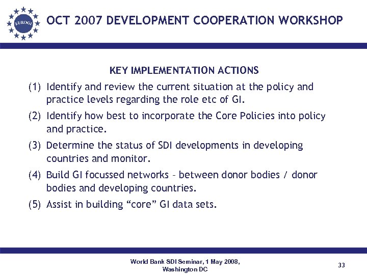 OCT 2007 DEVELOPMENT COOPERATION WORKSHOP KEY IMPLEMENTATION ACTIONS (1) Identify and review the current