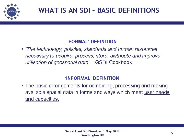 WHAT IS AN SDI - BASIC DEFINITIONS ‘FORMAL’ DEFINITION • ‘The technology, policies, standards