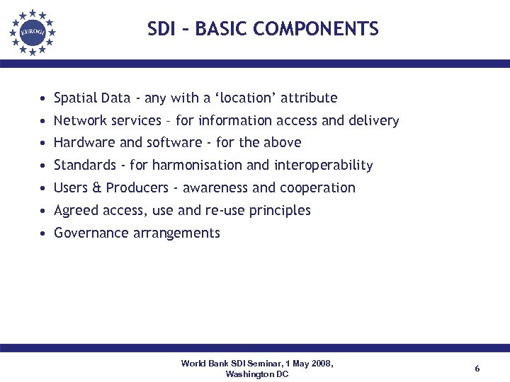 SDI - BASIC COMPONENTS • Spatial Data - any with a ‘location’ attribute •