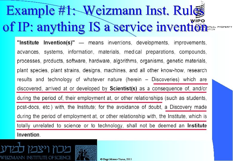 Example #1: Weizmann Inst. Rules of IP: anything IS a service invention © Hagit