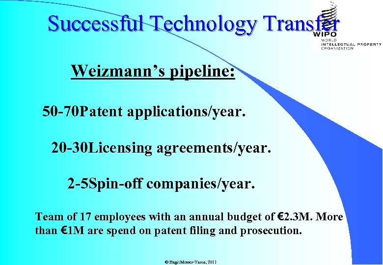 Successful Technology Transfer Weizmann’s pipeline: 50 -70 Patent applications/year. 20 -30 Licensing agreements/year. 2