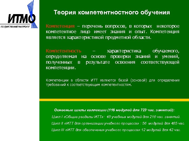 Теория компетентностного обучения Компетенция – перечень вопросов, в которых некоторое компетентное лицо имеет знания