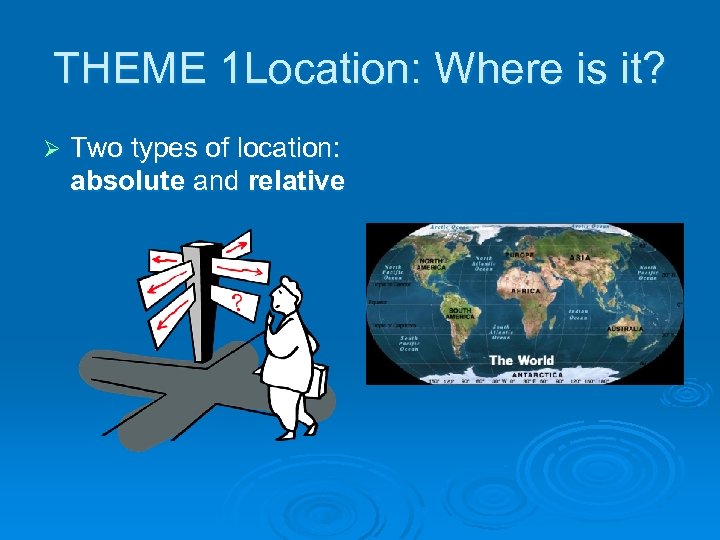 THEME 1 Location: Where is it? Ø Two types of location: absolute and relative