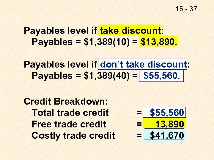 15 - 37 Payables level if take discount: Payables = $1, 389(10) = $13,