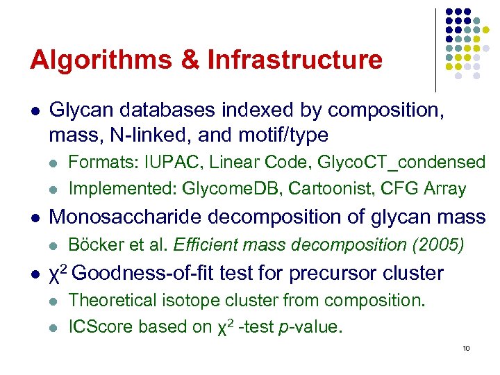 Algorithms & Infrastructure l Glycan databases indexed by composition, mass, N-linked, and motif/type l