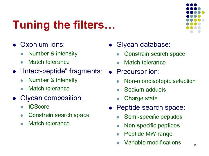 Tuning the filters… l Oxonium ions: l l l Number & intensity Match tolerance