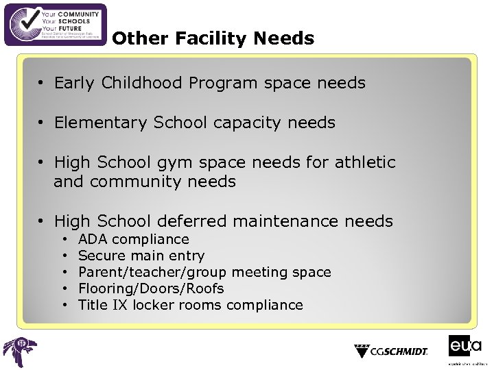 Other Facility Needs • Early Childhood Program space needs • Elementary School capacity needs