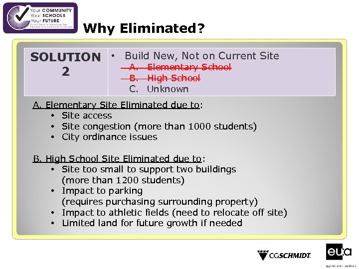 Why Eliminated? SOLUTION • Build New, Not on Current Site A. Elementary School 2