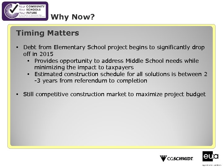 Why Now? Timing Matters • Debt from Elementary School project begins to significantly drop