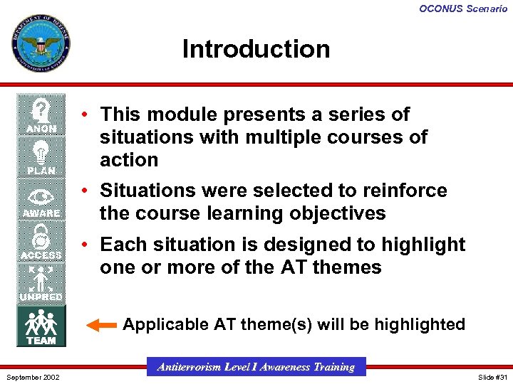 OCONUS Scenario Introduction • This module presents a series of situations with multiple courses