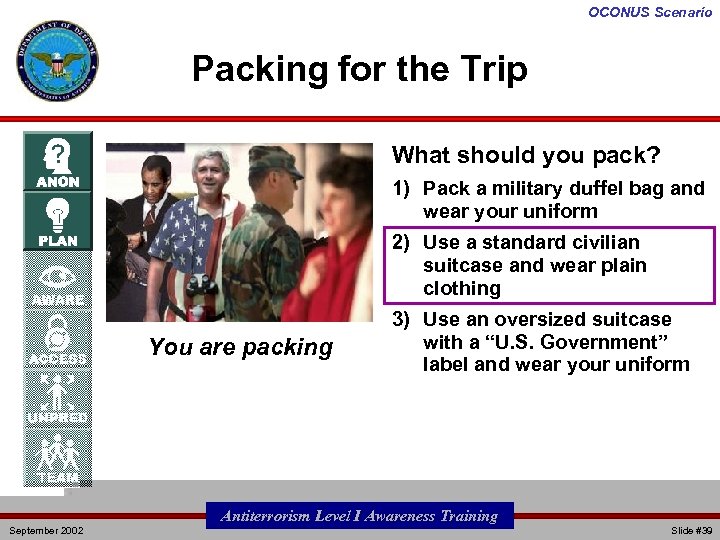 OCONUS Scenario Packing for the Trip What should you pack? 1) Pack a military