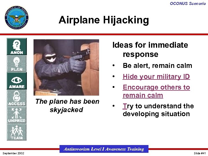 OCONUS Scenario Airplane Hijacking Ideas for immediate response • • September 2002 Hide your