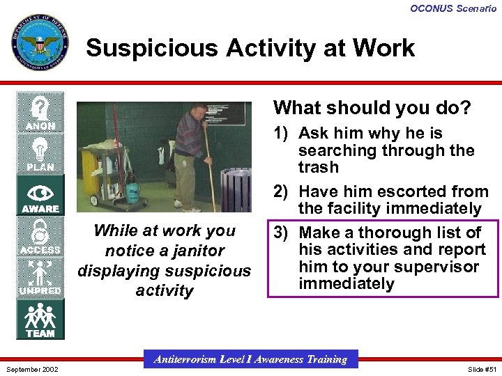 OCONUS Scenario Suspicious Activity at Work What should you do? While at work you