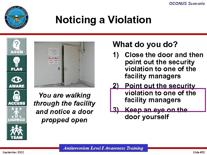 OCONUS Scenario Noticing a Violation What do you do? You are walking through the