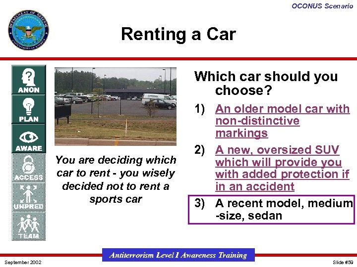 OCONUS Scenario Renting a Car Which car should you choose? You are deciding which