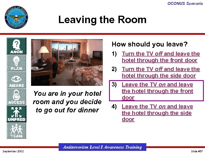 OCONUS Scenario Leaving the Room How should you leave? 1) Turn the TV off