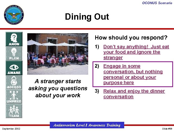 OCONUS Scenario Dining Out How should you respond? 1) Don’t say anything! Just eat