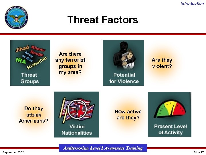 Introduction Threat Factors Are there any terrorist groups in my area? Do they attack