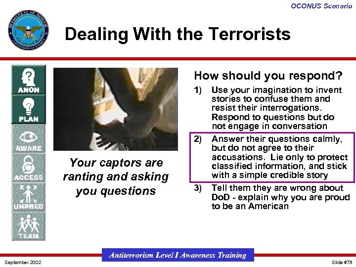 OCONUS Scenario Dealing With the Terrorists How should you respond? 1) 2) Your captors