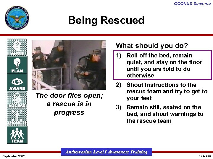 OCONUS Scenario Being Rescued What should you do? 1) Roll off the bed, remain