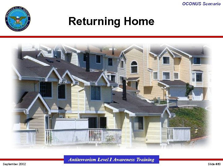 OCONUS Scenario Returning Home September 2002 Antiterrorism Level I Awareness Training Slide #80 