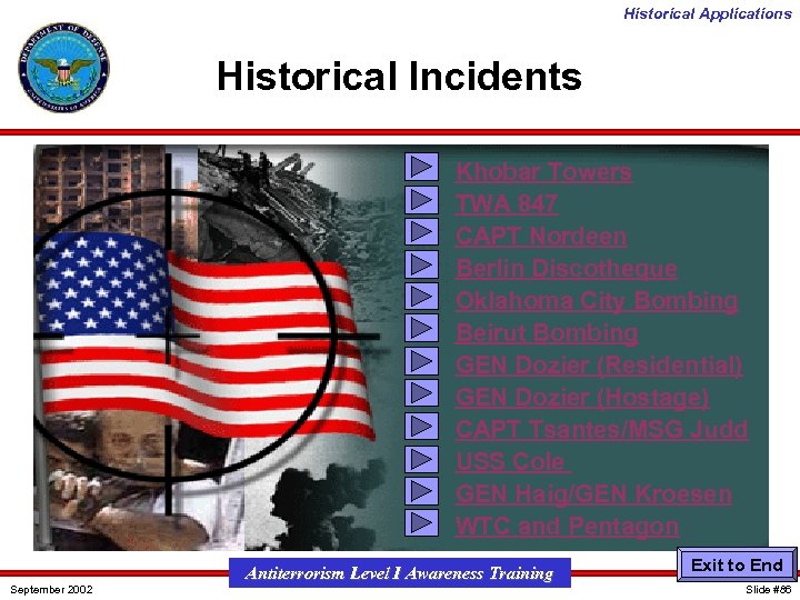 Historical Applications Historical Incidents • • • September 2002 Khobar Towers TWA 847 CAPT