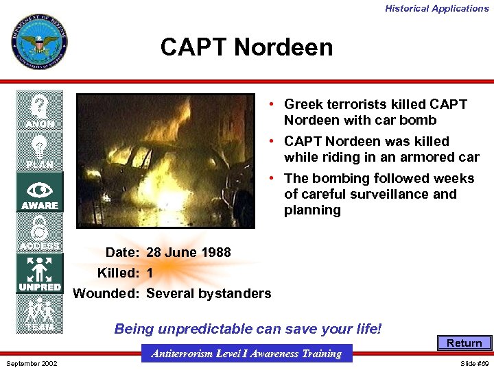 Historical Applications CAPT Nordeen • Greek terrorists killed CAPT Nordeen with car bomb •