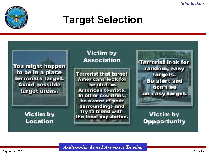 Introduction Target Selection September 2002 Antiterrorism Level I Awareness Training Slide #9 