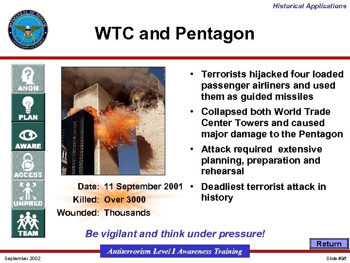 Historical Applications WTC and Pentagon • Terrorists hijacked four loaded passenger airliners and used