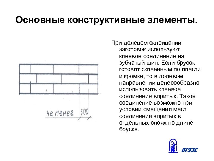 Основные конструктивные элементы. При долевом склеивании заготовок используют клеевое соединение на зубчатый шип. Если