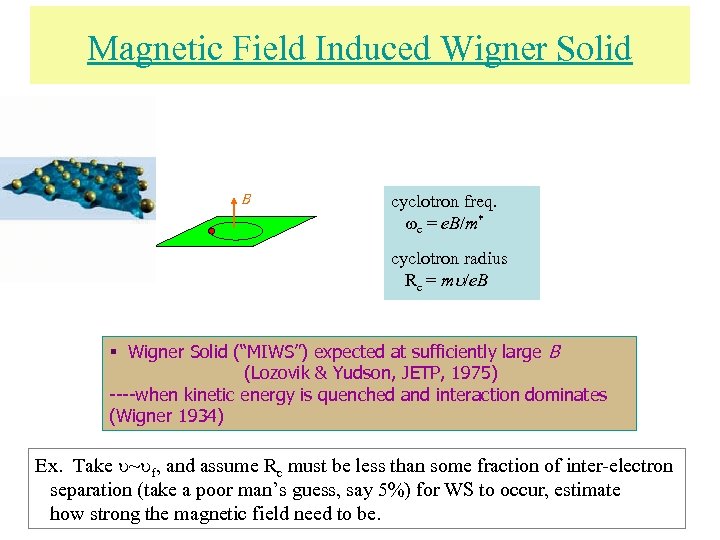 Magnetic Field Induced Wigner Solid B cyclotron freq. c = e. B/m* cyclotron radius