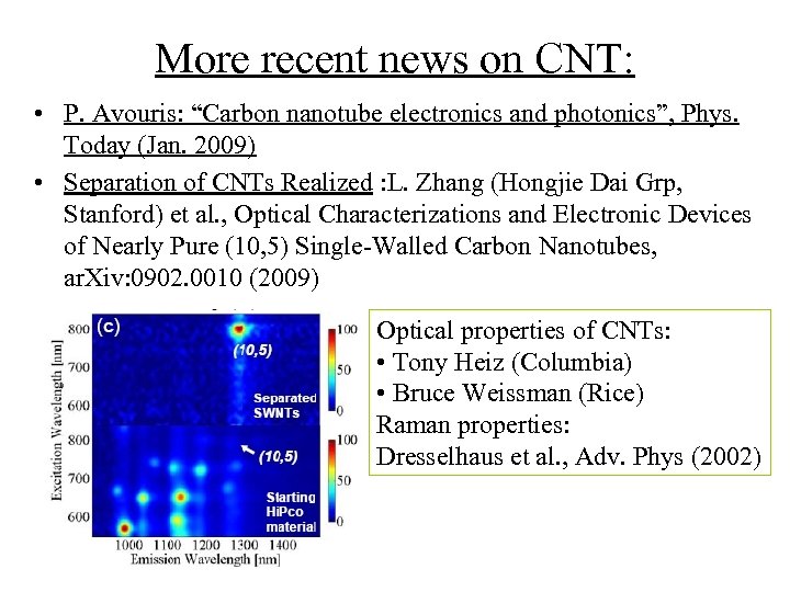 More recent news on CNT: • P. Avouris: “Carbon nanotube electronics and photonics”, Phys.