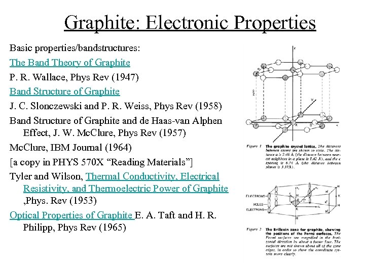 Graphite: Electronic Properties Basic properties/bandstructures: The Band Theory of Graphite P. R. Wallace, Phys