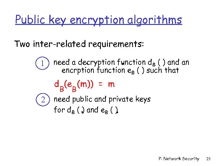 Public key encryption algorithms Two inter-related requirements: 1 . . need a decryption function