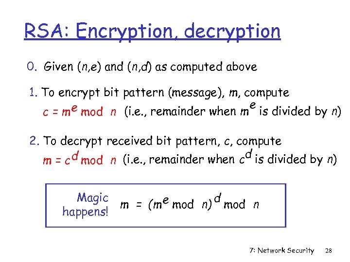 RSA: Encryption, decryption 0. Given (n, e) and (n, d) as computed above 1.