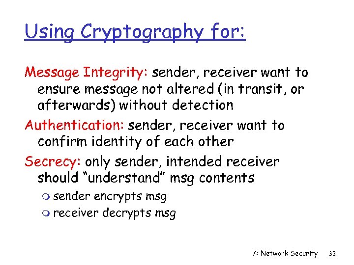 Using Cryptography for: Message Integrity: sender, receiver want to ensure message not altered (in