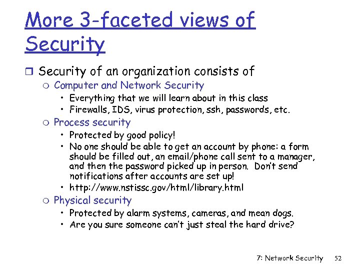 More 3 -faceted views of Security r Security of an organization consists of m