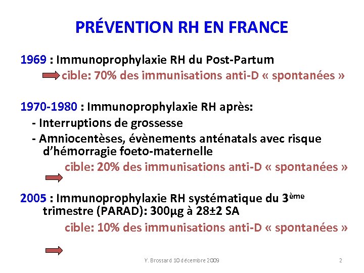 PRÉVENTION RH EN FRANCE 1969 : Immunoprophylaxie RH du Post-Partum cible: 70% des immunisations