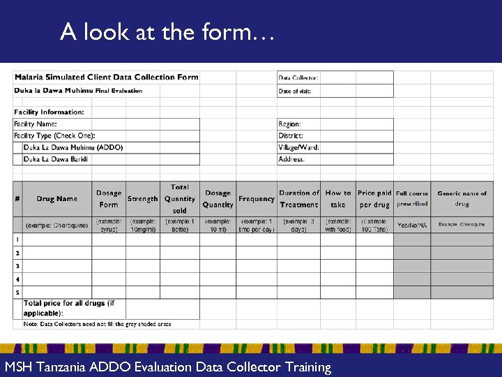 A look at the form… MSH Tanzania ADDO Evaluation Data Collector Training 