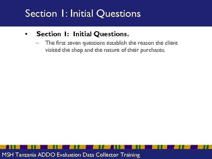 Section 1: Initial Questions • Section 1: Initial Questions. – The first seven questions