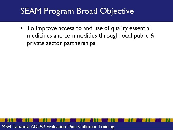 SEAM Program Broad Objective • To improve access to and use of quality essential