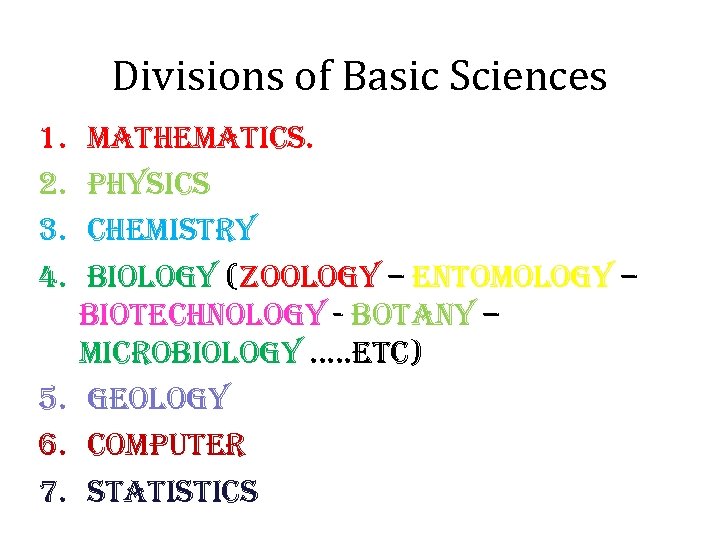 Divisions of Basic Sciences 1. 2. 3. 4. mathematics. physics chemistry biology (Zoology –