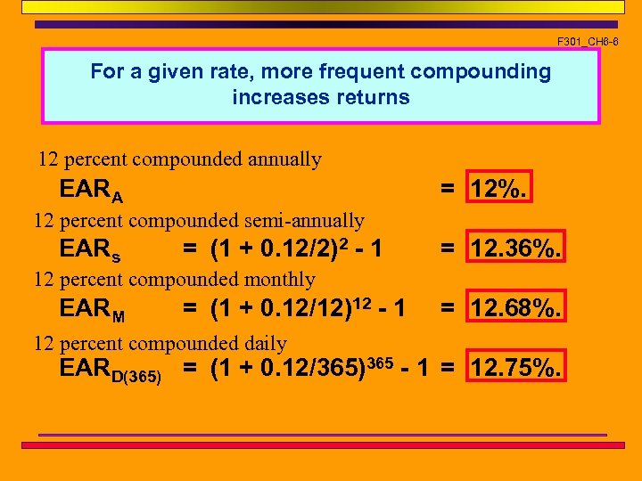F 301_CH 6 -6 For a given rate, more frequent compounding increases returns 12