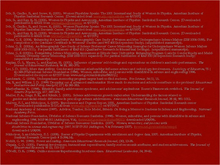 Ivie, R. Czujko, R. , and Stowe, K. (2001). Women Physicists Speak: The 2001