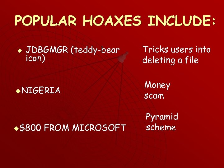 POPULAR HOAXES INCLUDE: u JDBGMGR (teddy-bear icon) u. NIGERIA u$800 FROM MICROSOFT Tricks users