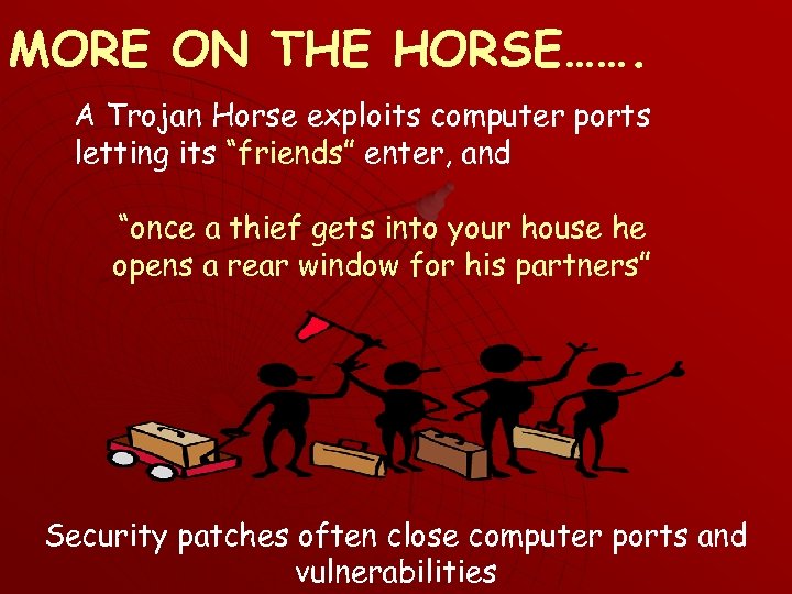 MORE ON THE HORSE……. A Trojan Horse exploits computer ports letting its “friends” enter,