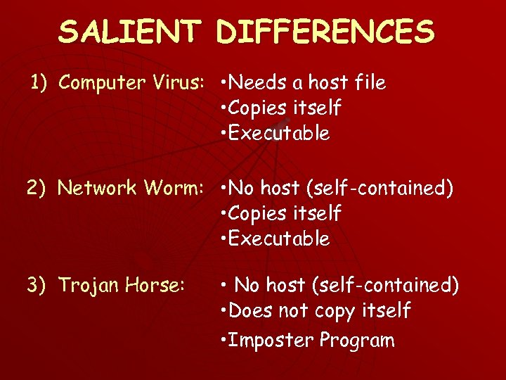 SALIENT DIFFERENCES 1) Computer Virus: • Needs a host file • Copies itself •