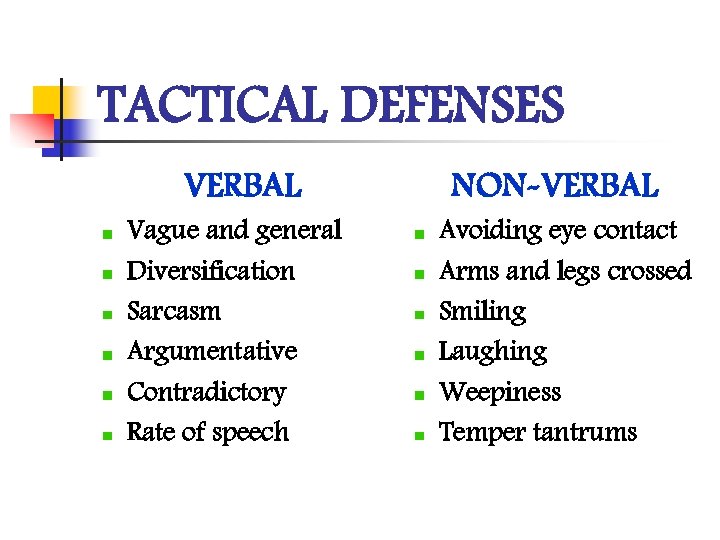 TACTICAL DEFENSES VERBAL Vague and general Diversification Sarcasm Argumentative Contradictory Rate of speech NON-VERBAL