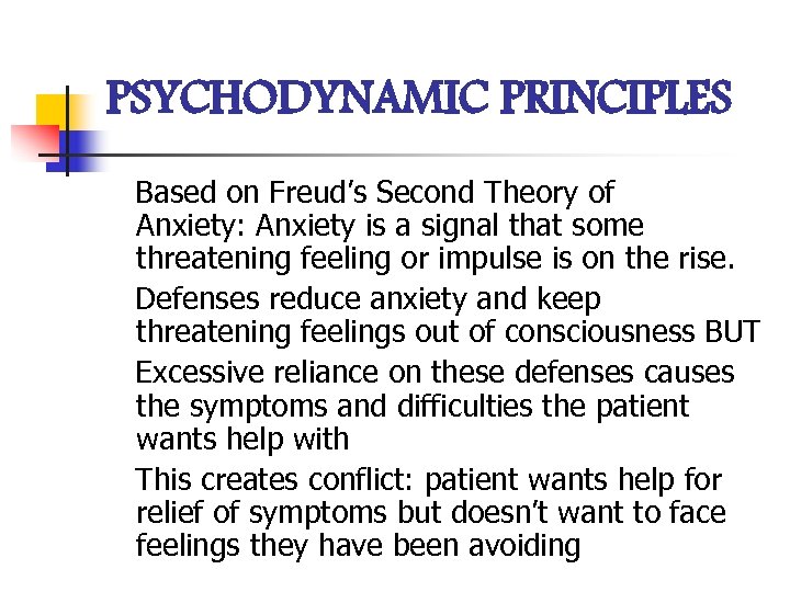 PSYCHODYNAMIC PRINCIPLES Based on Freud’s Second Theory of Anxiety: Anxiety is a signal that